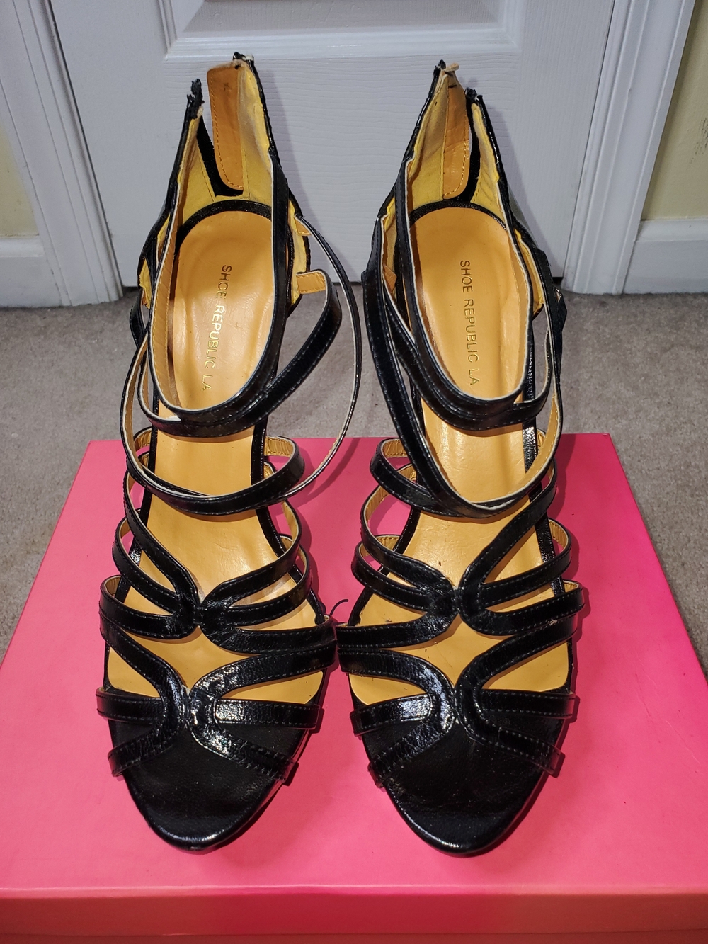 Shoe Republic LA Black Patent Strappy High Heel Sandals